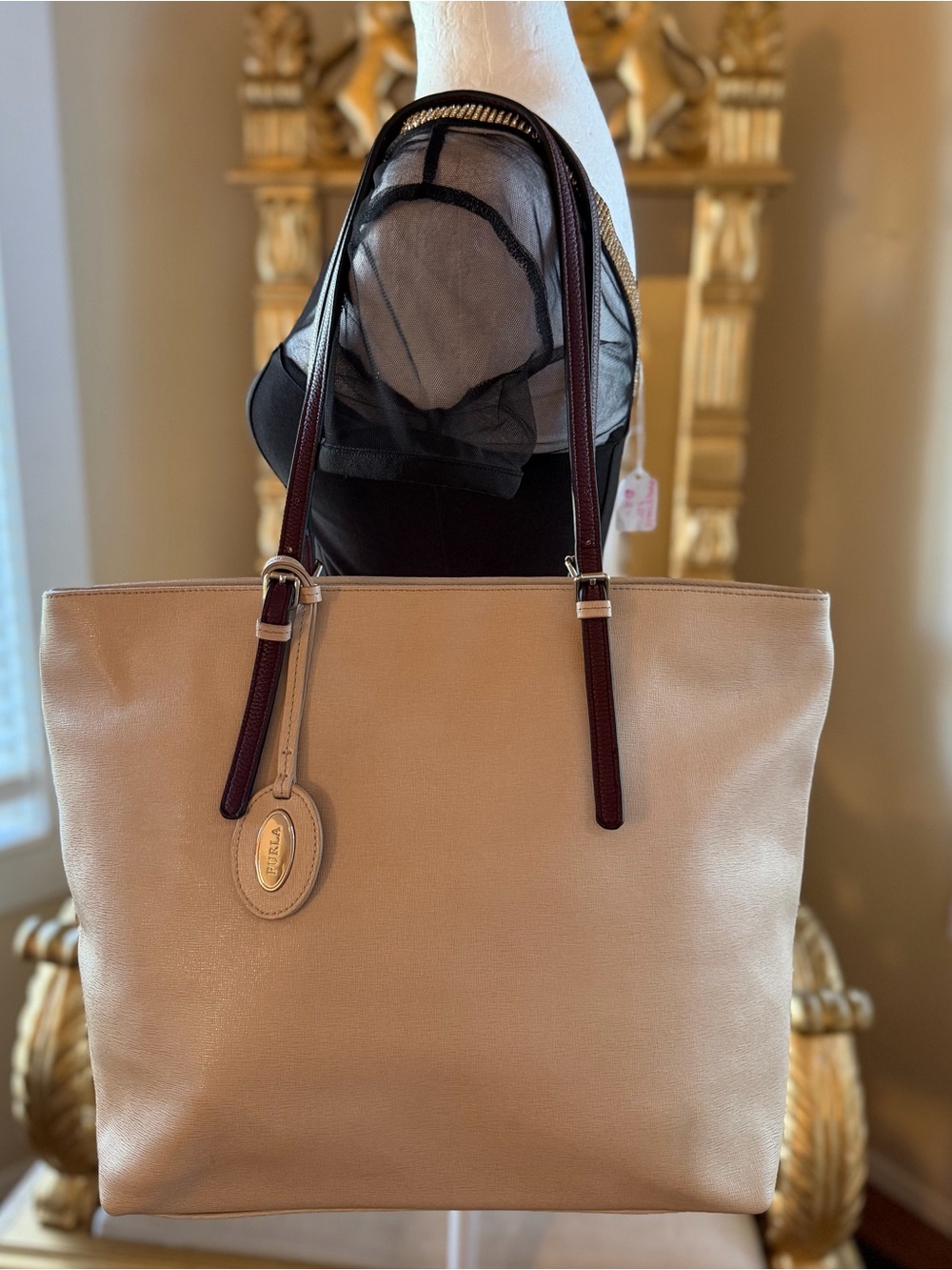 Furla Classic Saffiano Leather Tote Bag
with Burgundy Straps